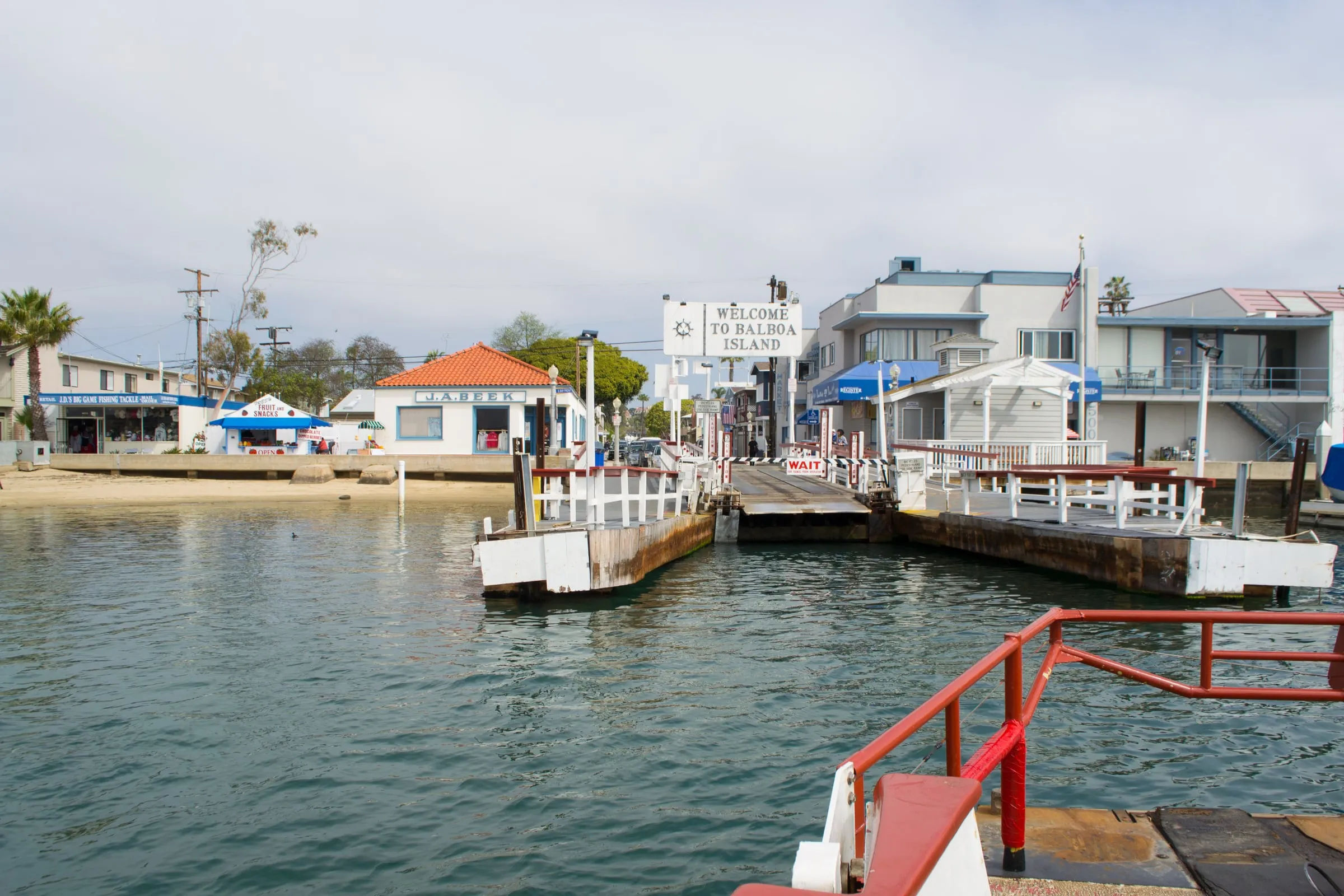 The ferry landing and its “Welcome to Balboa Island” sign